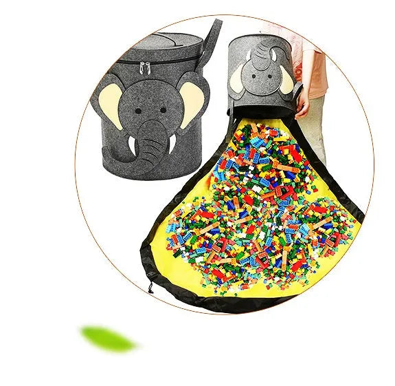Green felt cube storage bag with pull rope, unfolded flat as a large rectangular play mat.