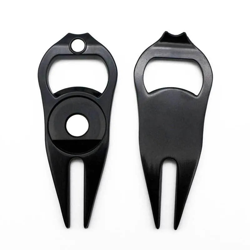 Zinc alloy golf ball yoke and bottle opener tool in black, green or silver on a putting green