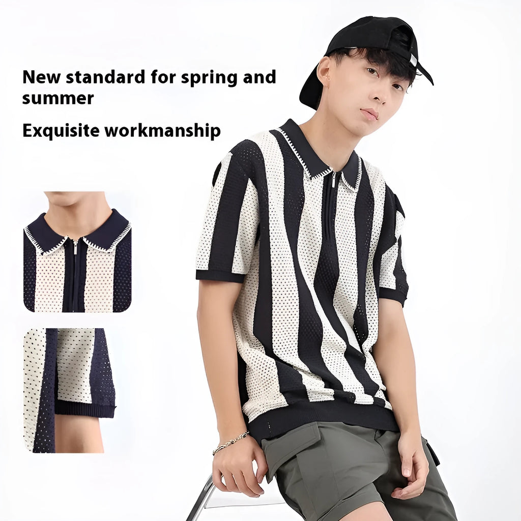 Men's striped ice silk short sleeve sweater with zip decoration detail in multiple colour options.