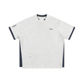 Retro alphabet embroidered loose waffle short-sleeved t-shirt in navy blue on a hanger.