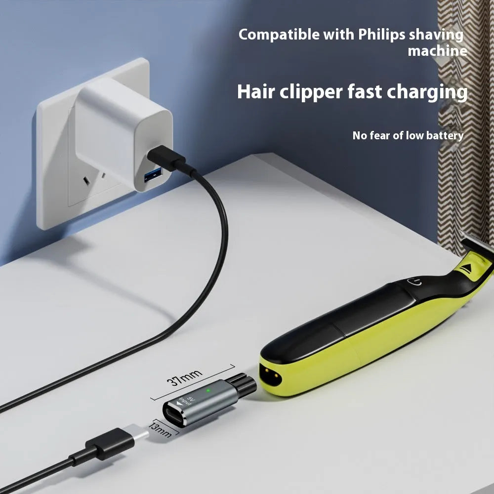 Black USB-C charging adapter for 4.3V electric shavers and hair clippers with aluminium alloy housing