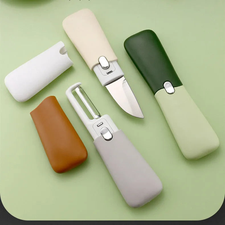 Multi-functional 2-in-1 stainless steel peeler with paring knife in avocado green colour