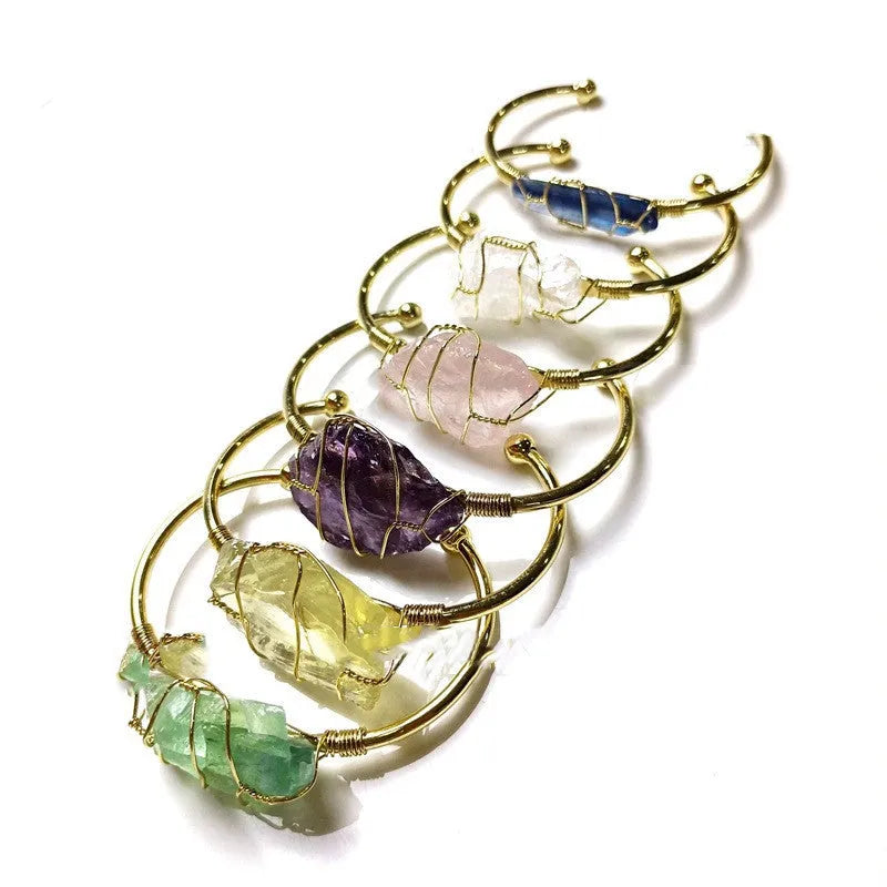 Natural crystal rough stone bracelet with gold winding wire and geometric design
