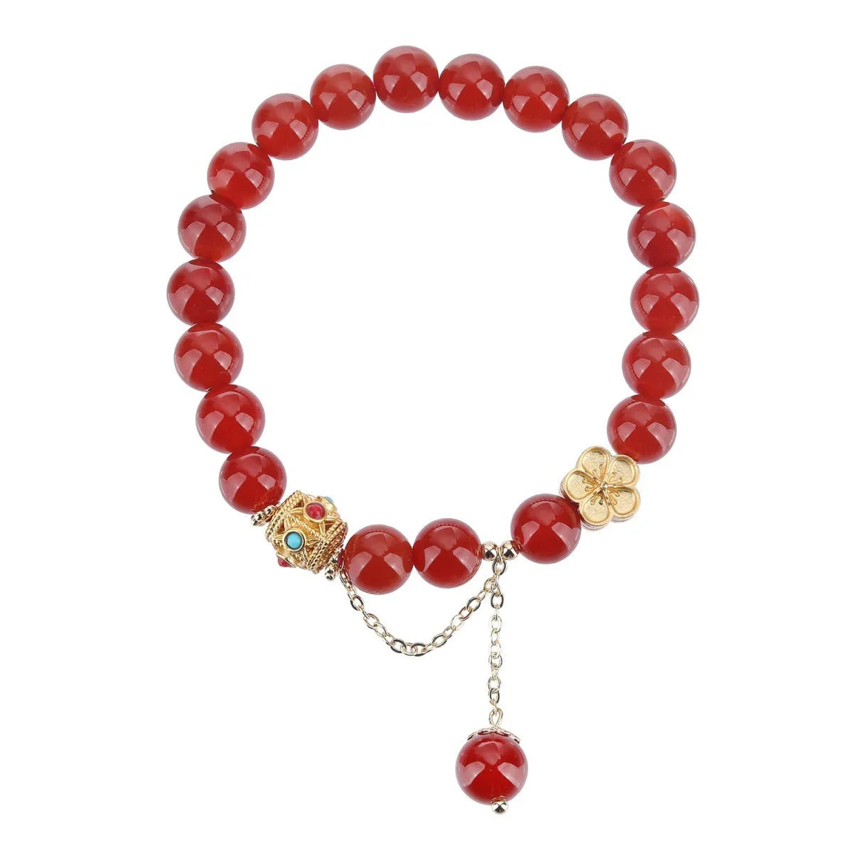 Natural red agate bracelet with 8mm beads and copper peach blossom parts on wrist
