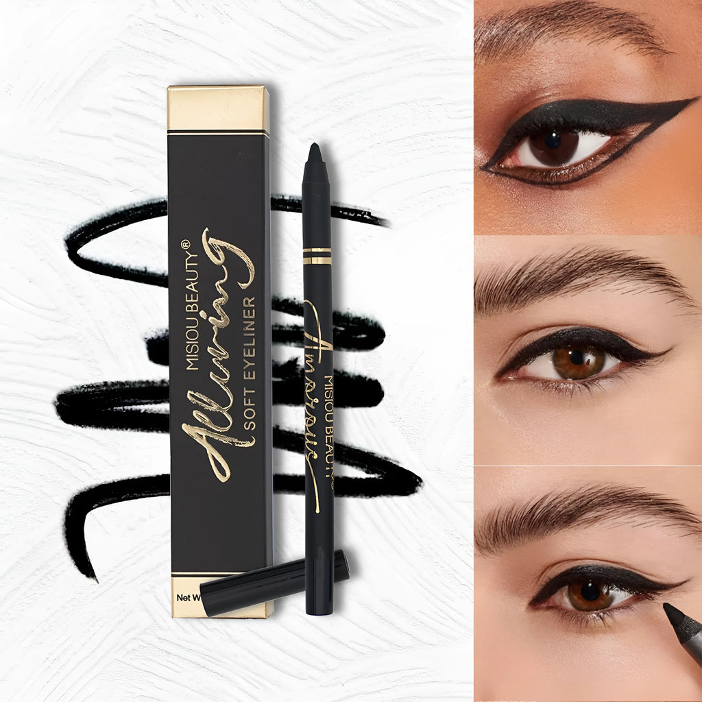 Black liquid eyeliner with smooth texture and waterproof formula for long lasting wear