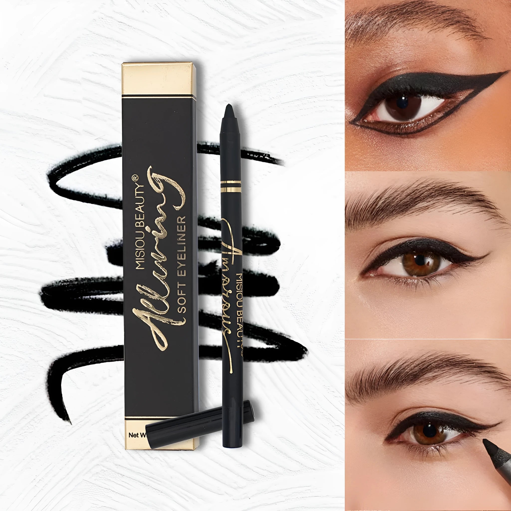Black liquid eyeliner with smooth texture and waterproof formula for long lasting wear
