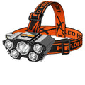 Super Bright LED miner's headlamp with head strap, shown with data cable and packaging.