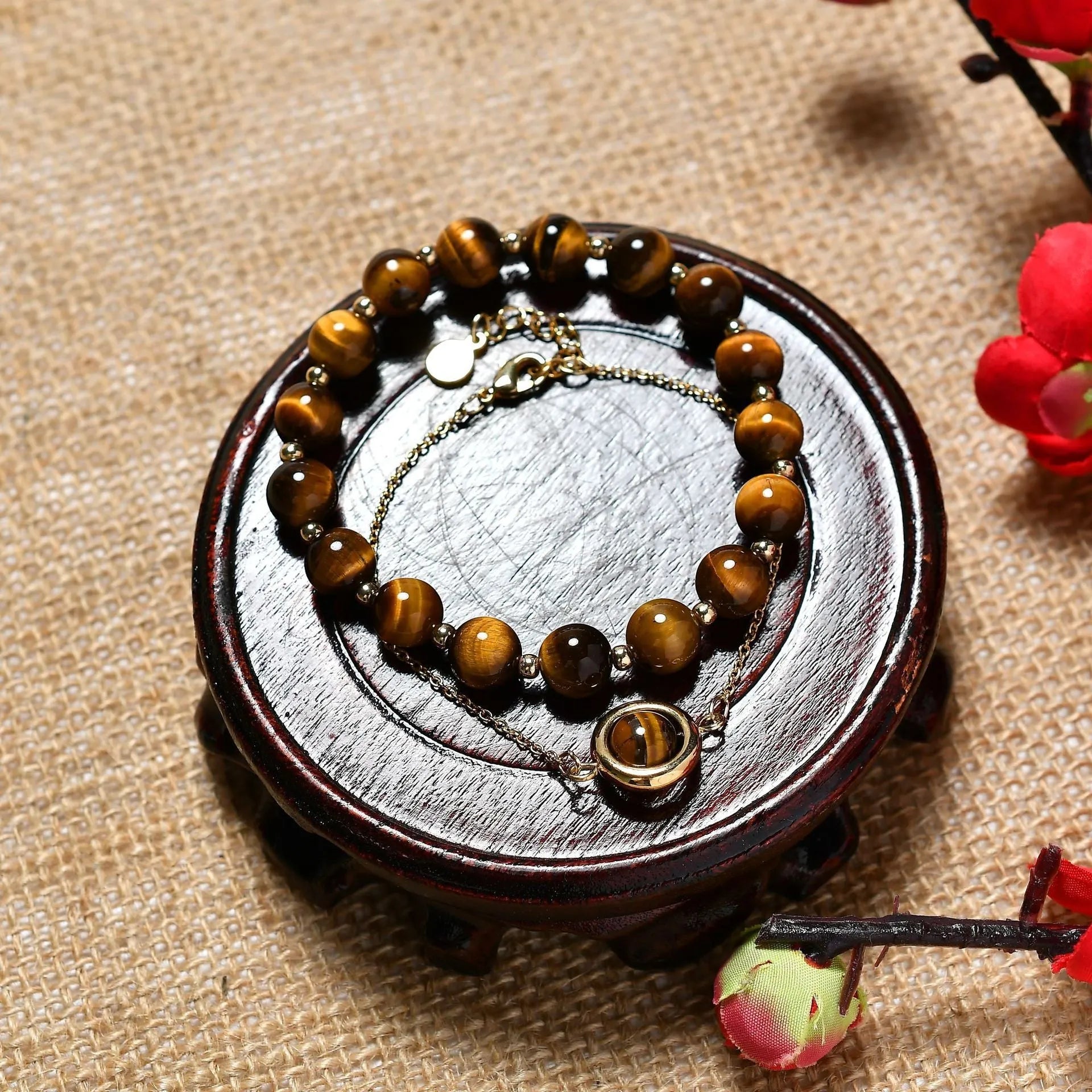 Double-layer strawberry crystal bracelet with lucky beads, electroplated real gold on copper, natural stone beads
