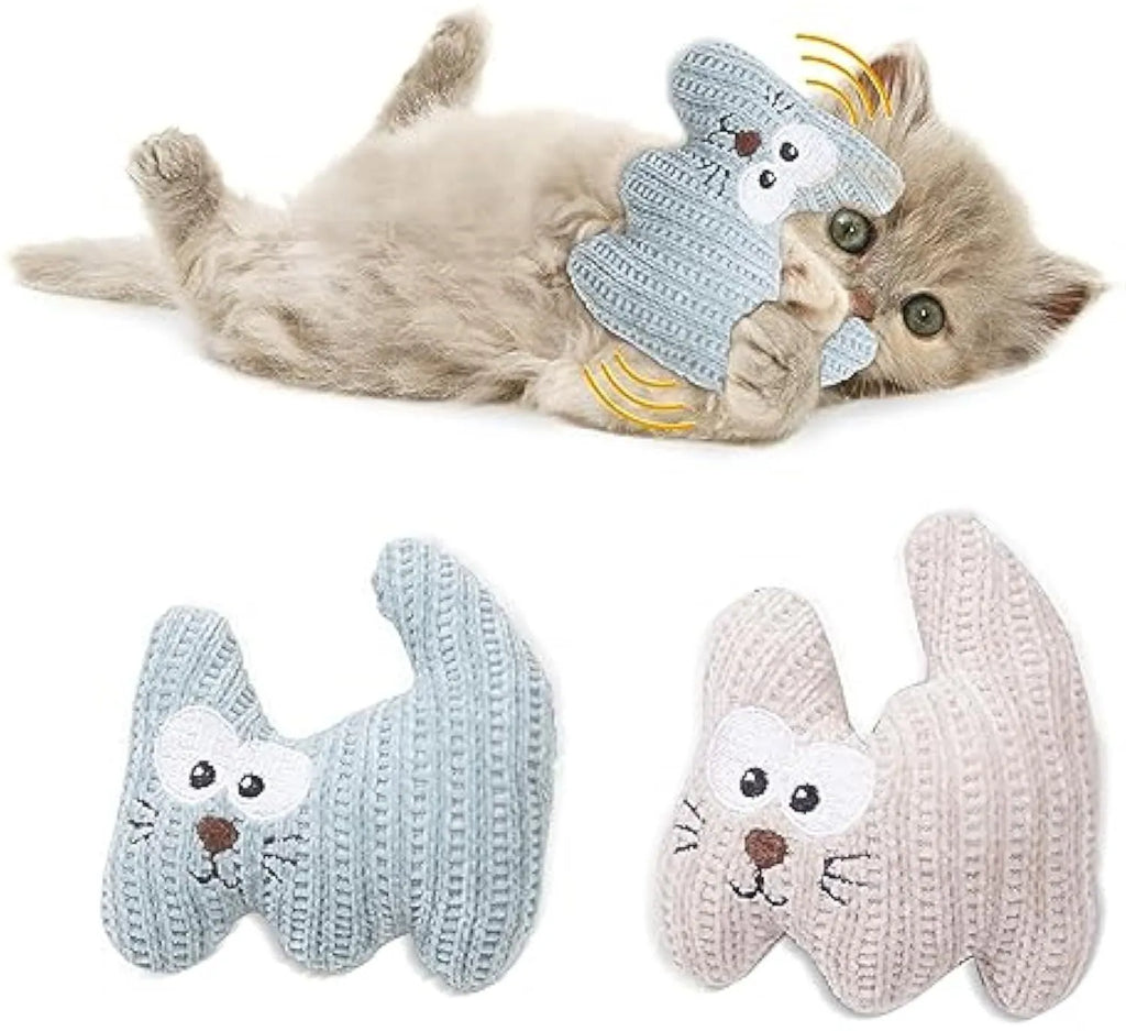 Cyan knitted plush catnip toy with bell, sized 12 by 11 centimetres.