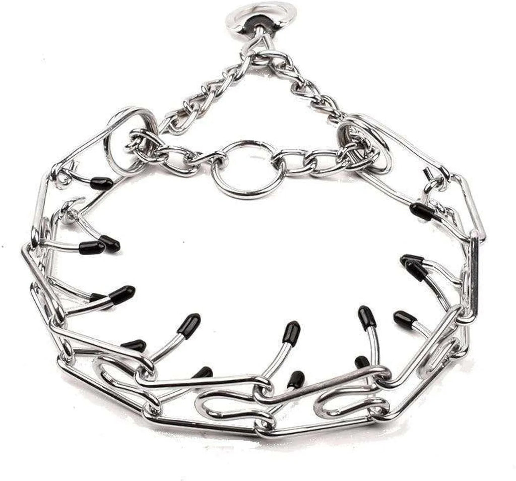 Stainless steel dog prong training collar with black comfort rubber tips on adjustable chain links.