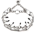 Stainless steel dog prong training collar with black comfort rubber tips on adjustable chain links.