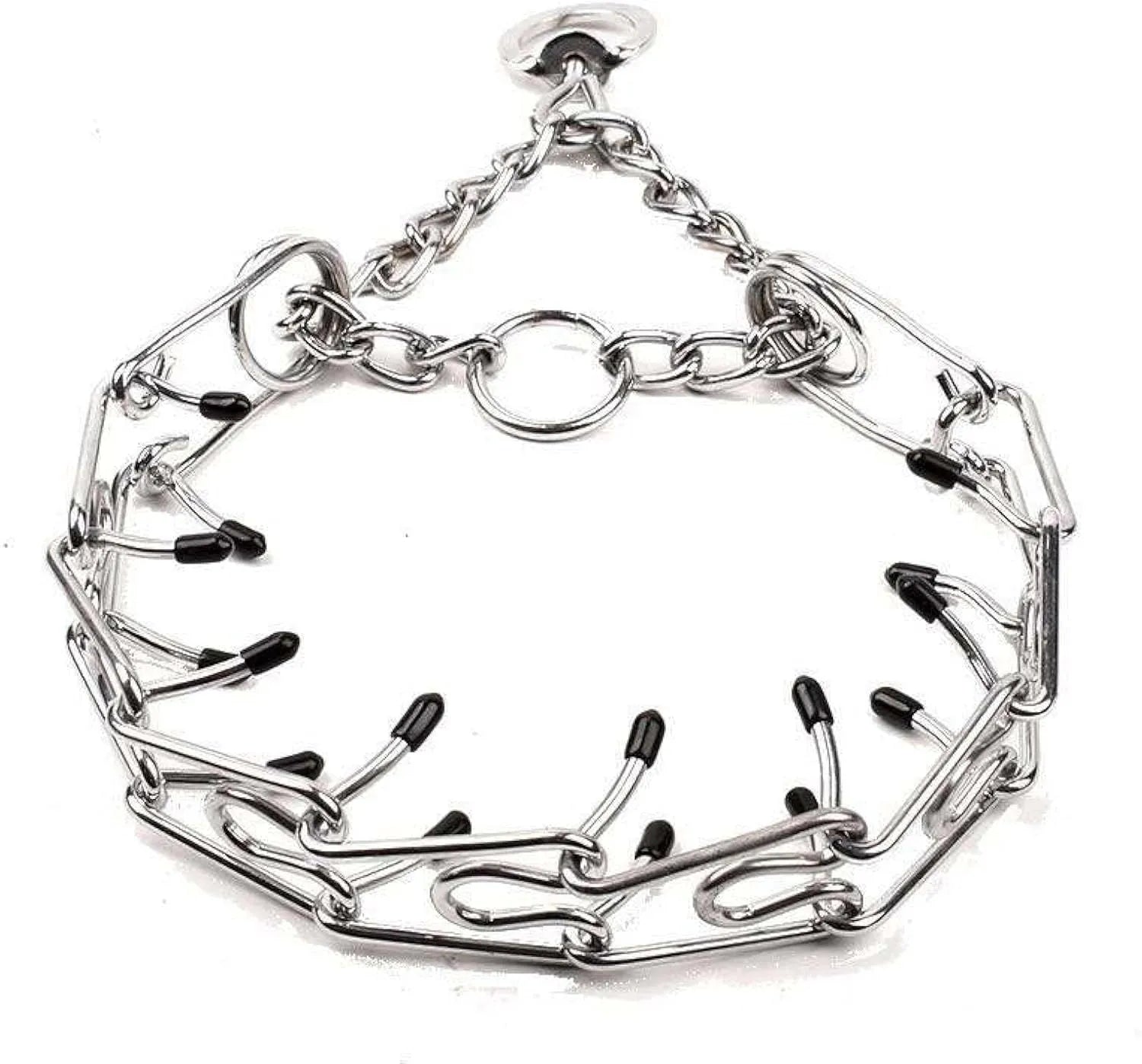 Stainless steel dog prong training collar with black comfort rubber tips on adjustable chain links.