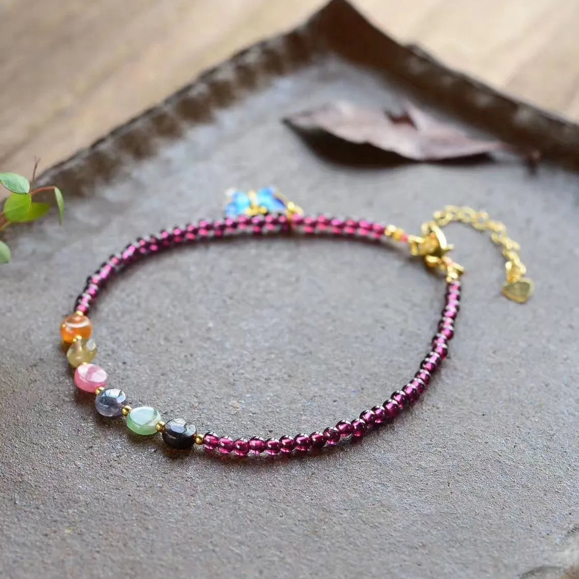 Natural garnet women's purple ethnic geometric anklet on ankle