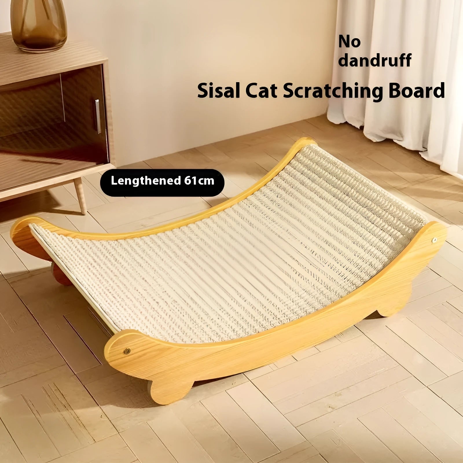Beige sisal cat scratch board on a wooden floor.