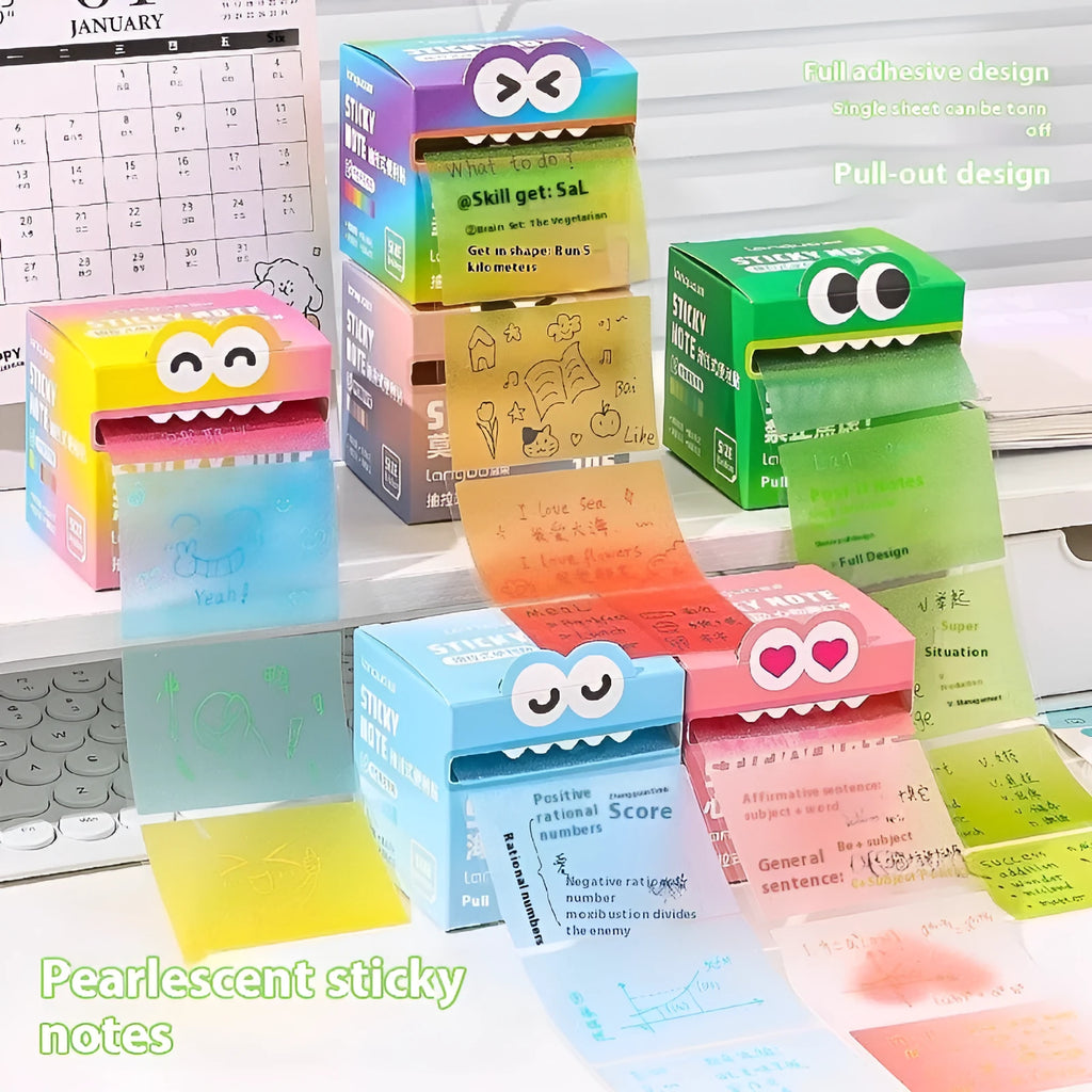 Transparent pull-out sticky notes with gradient pearl colours in a box, showing six colour theme options.