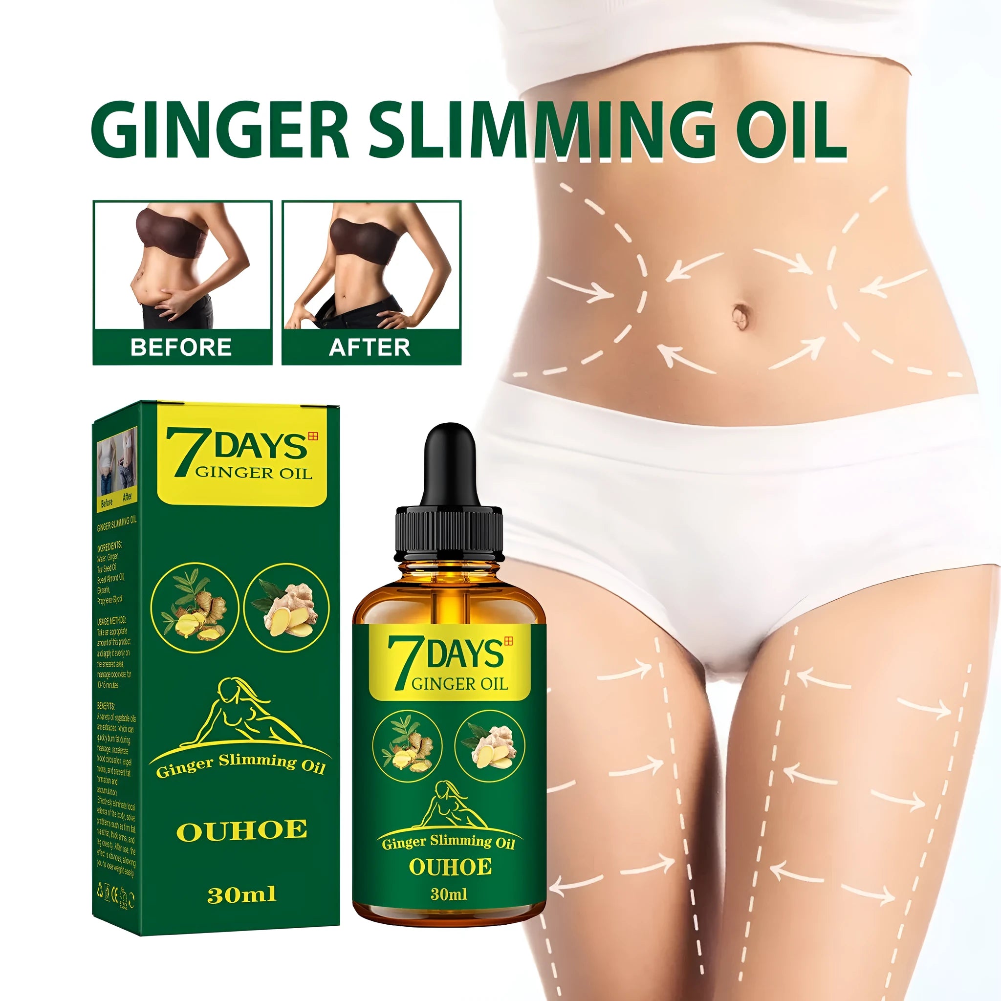 30ml bottle of ginger body shaping essential oil for firming thighs and muscles