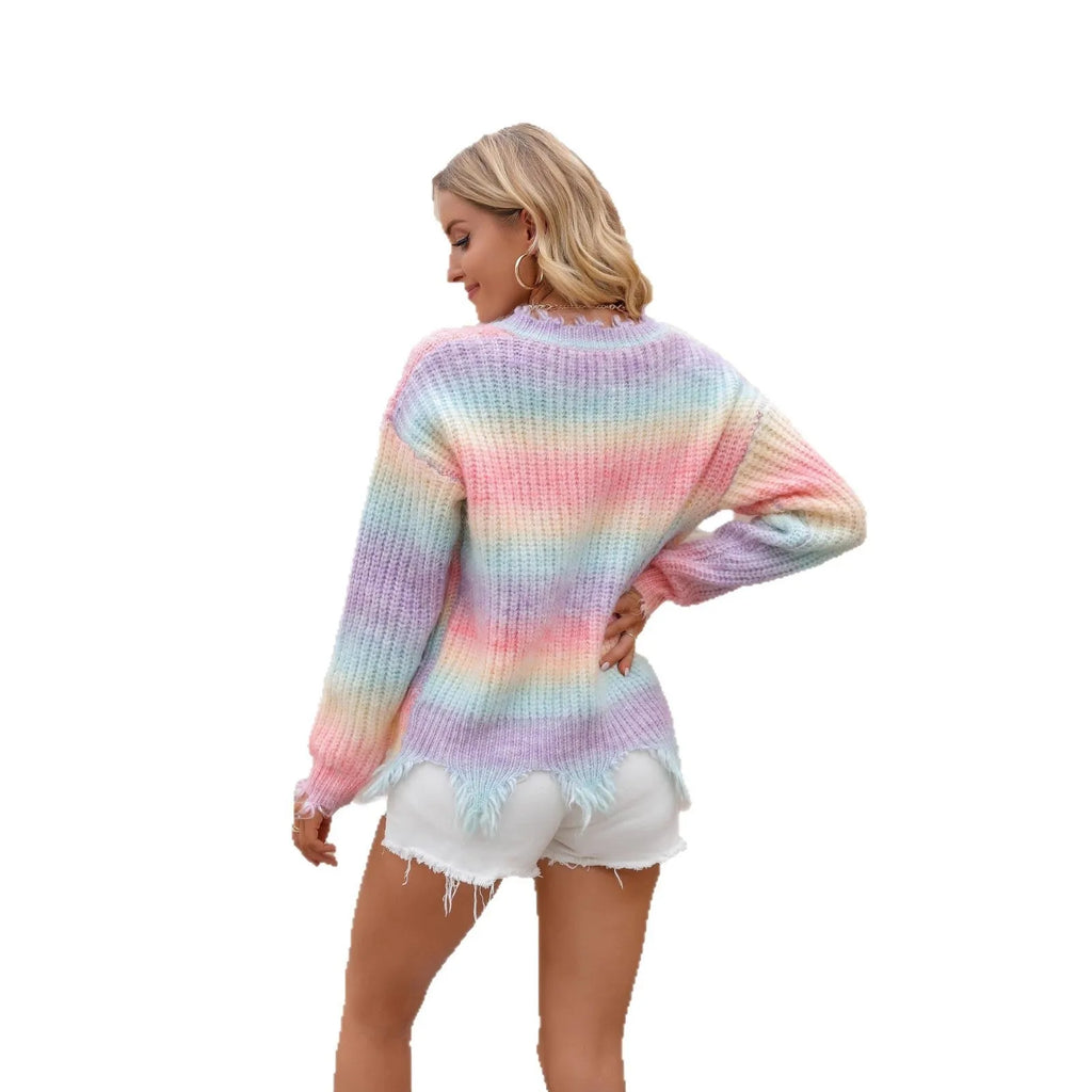Knitted sweater loose cut rainbow plus size pullover in pink gradient colour