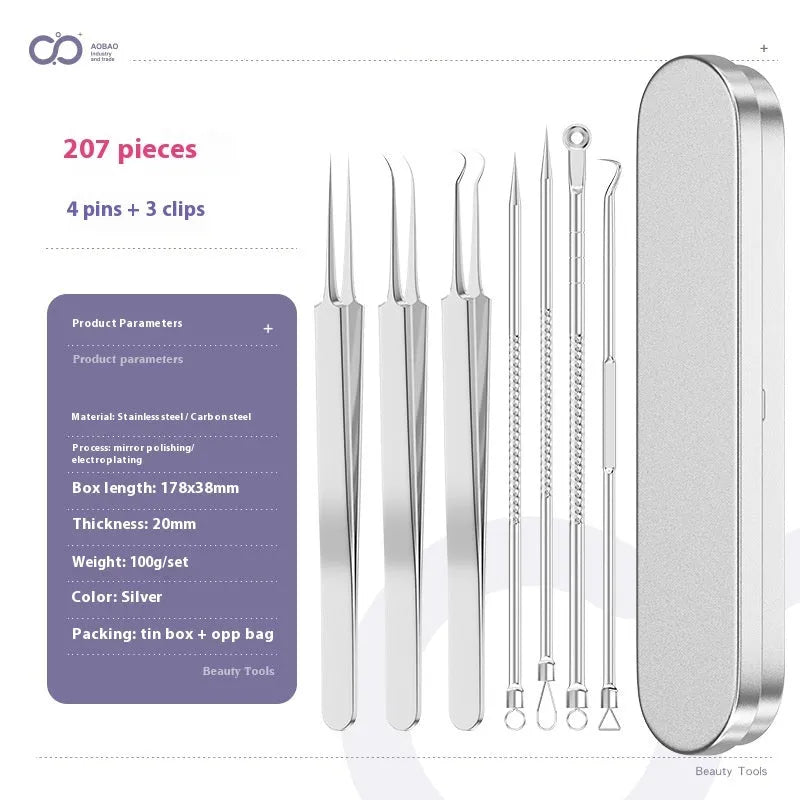 Four silver metal acne needles with ultra-fine points for blackhead removal.