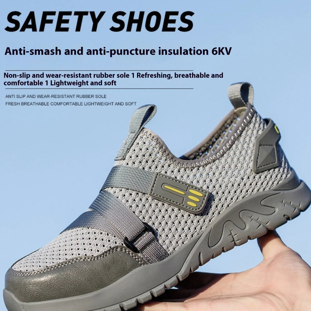 Grey men's anti-smash anti-puncture work safety shoes with flying woven upper and rubber sole