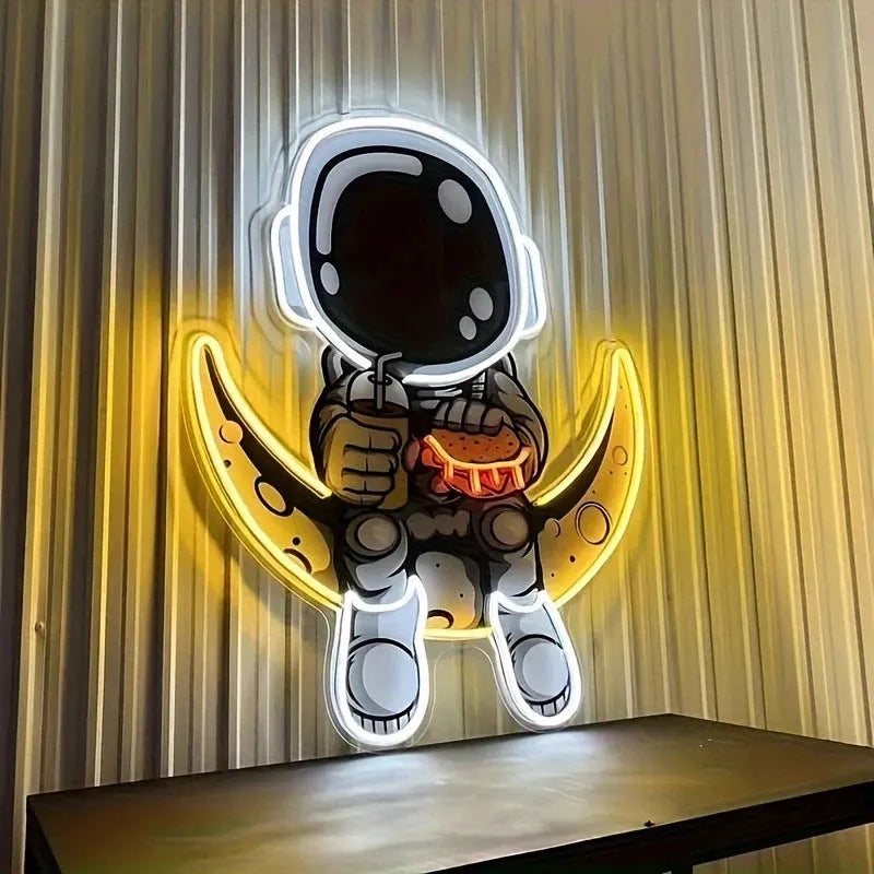 Astronaut wall mounted LED neon light in blue lemon yellow with USB power cord, 30x35cm plastic construction