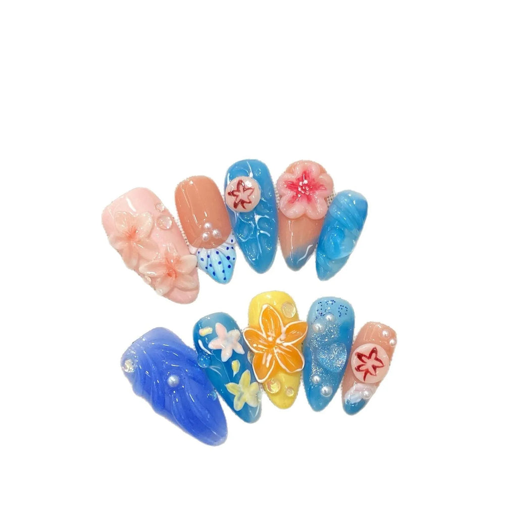 Three-dimensional carved jellyfish design on plastic wearable armour set in almond nail colour.