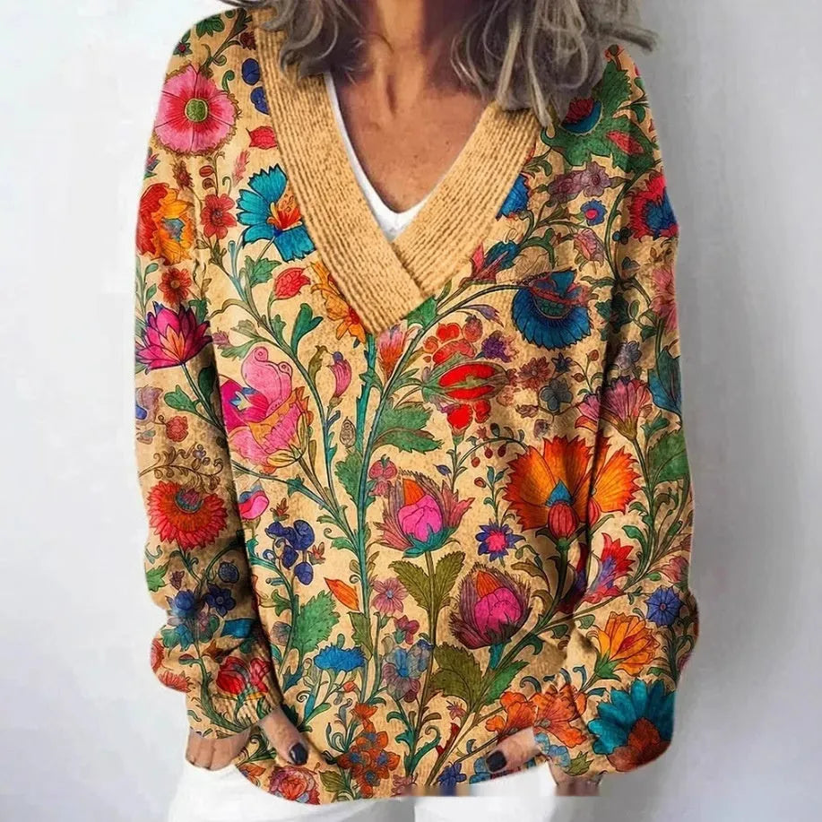 Women's V-neck long sleeve sweatshirt with a 3D floral print in an art retro style.