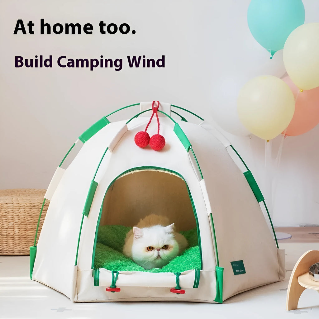 Dome-shaped cloth cat nest tent for indoor use with optional thick pad, suitable for cats and small dogs.