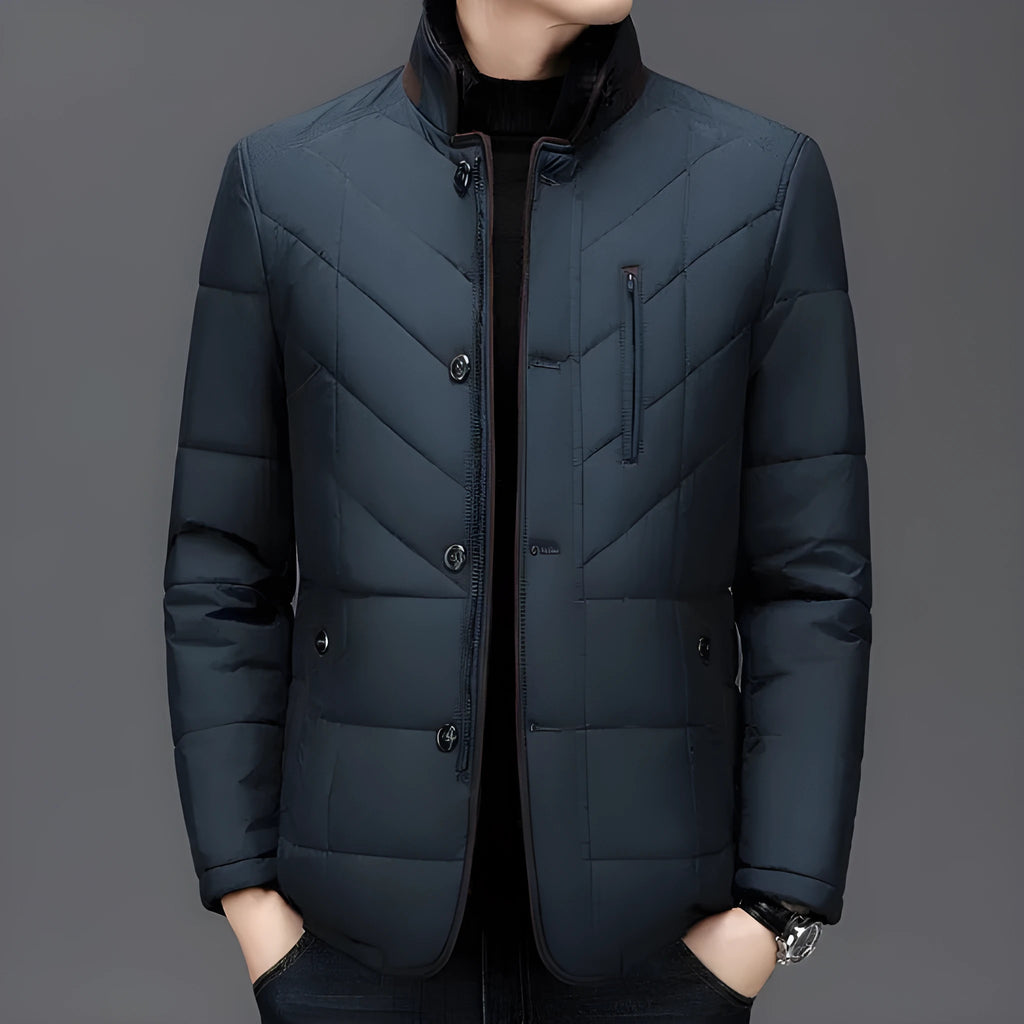 Men's solid colour short winter padded coat with side seam pockets, shown in dark blue.