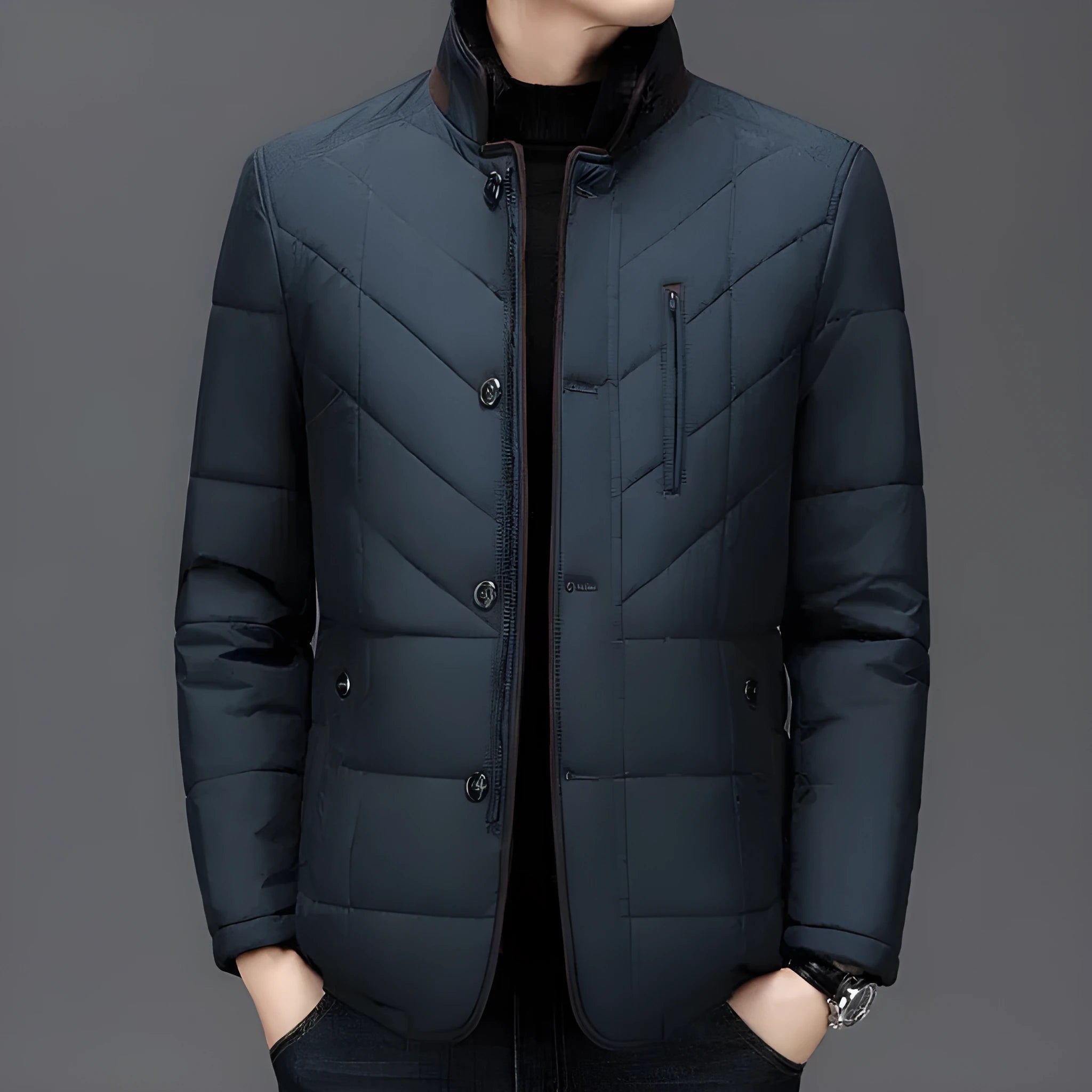 Men's solid colour short winter padded coat with side seam pockets, shown in dark blue.