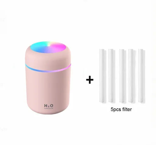 Compact car air purifying humidifier with 300ml water tank, USB powered, in white colour