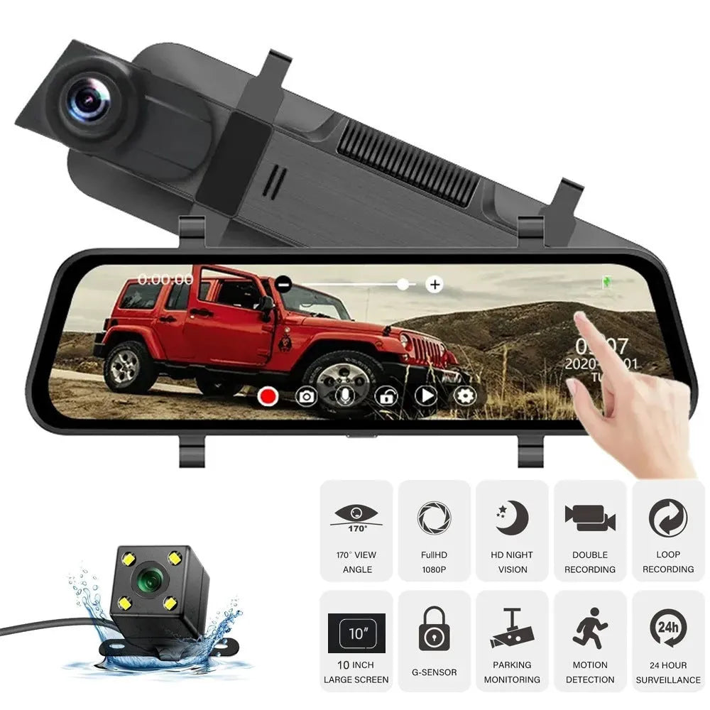 10-inch full screen dash cam with front and rear dual lens recording in 1080p, touch operation, and parking surveillance features.