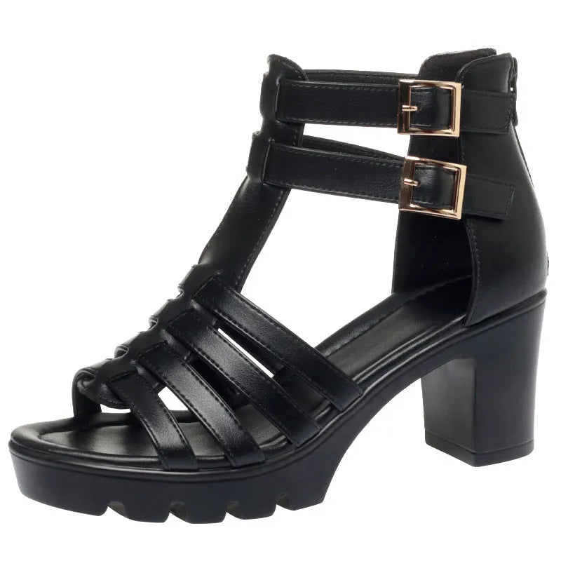 Summer hollow-out high heel shoes with rhinestone detailing, fish mouth toe, and buckle closure in beige