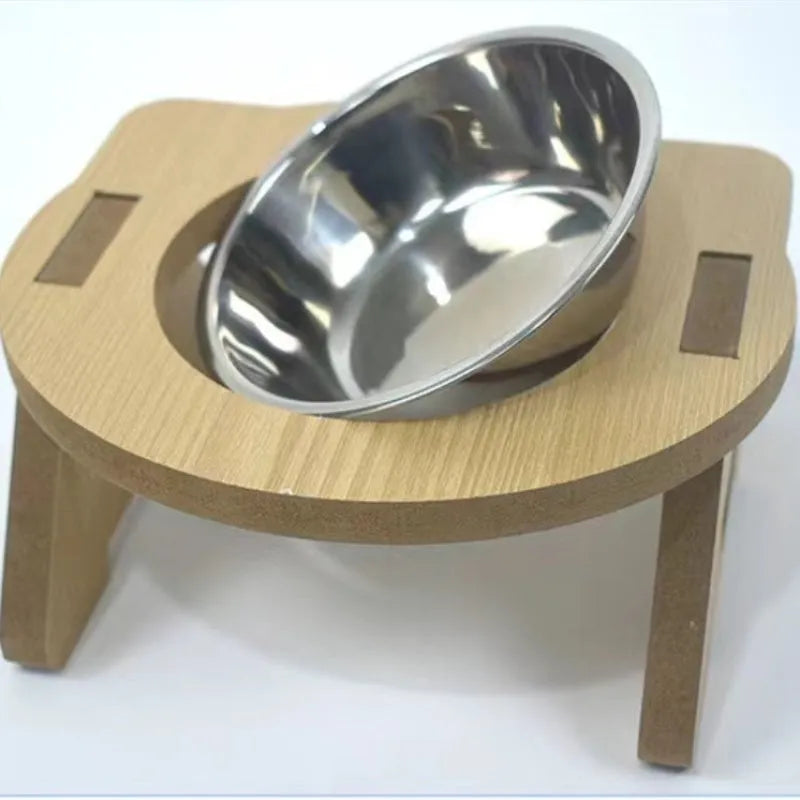 Wooden cat bowl feeder with two stainless steel bowls, anti-overturning base, raised design for neck protection