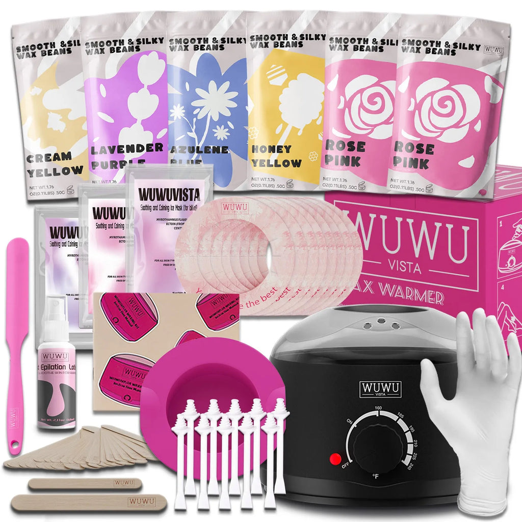 WUWUVISTA 56-piece professional waxing kit with black wax warmer, wax beads, applicators, and aftercare products