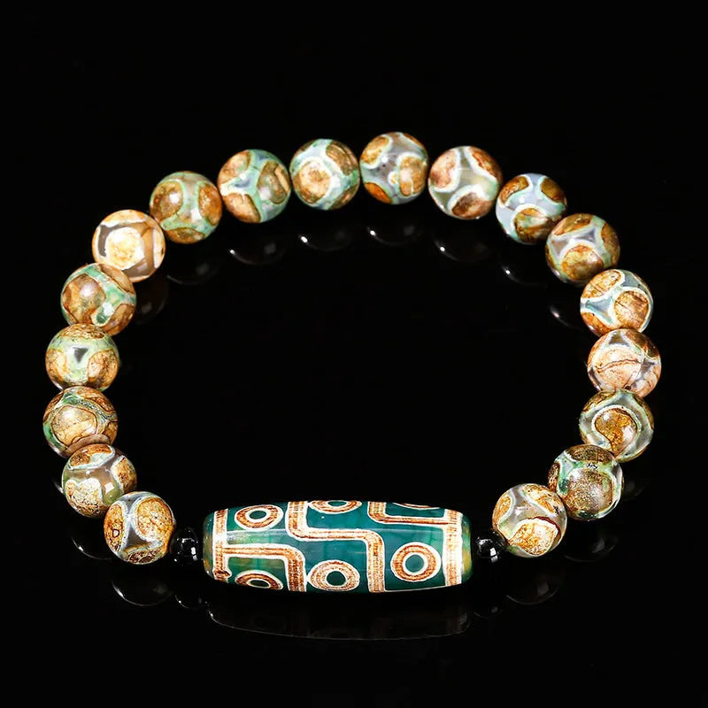 Green dzi bead barrel shaped bracelet with 8mm beads and handmade finish