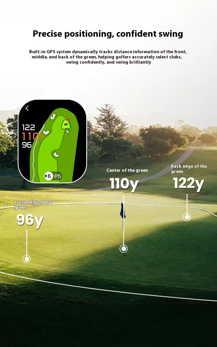 GenePro G1 black golf GPS rangefinder with AMOLED touchscreen showing distance measurement display