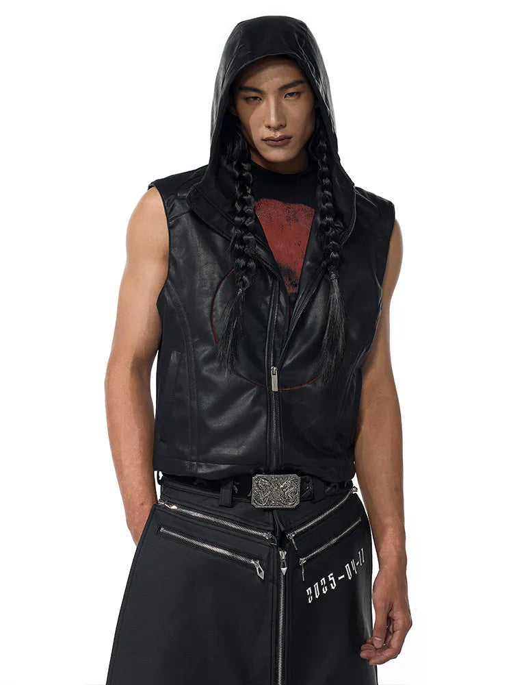 Men's black hooded PU leather waistcoat with five-pointed star print, slim fit, summer style