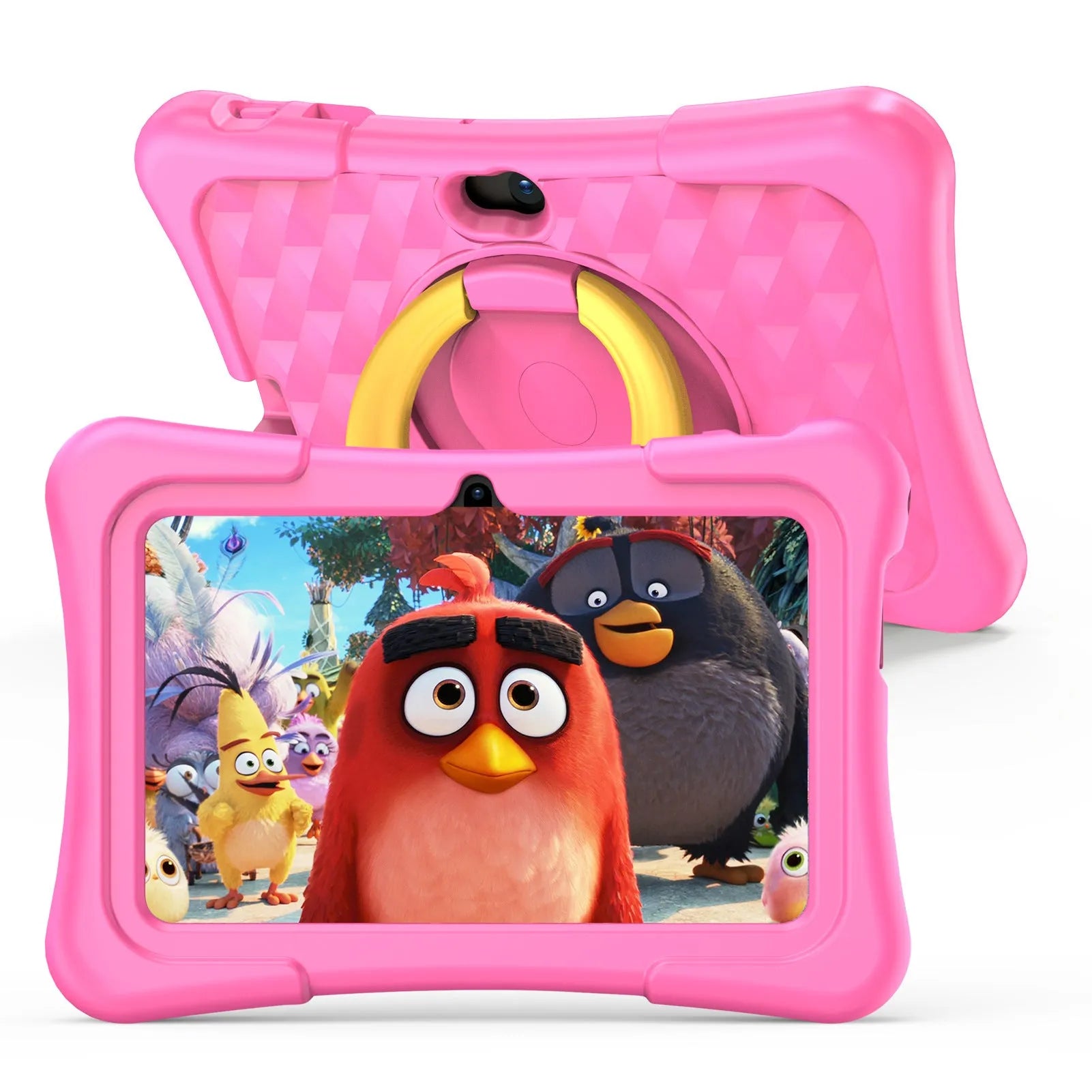 Blue 7-inch children's educational tablet with silicone protective cover and 360-degree rotation handle bracket