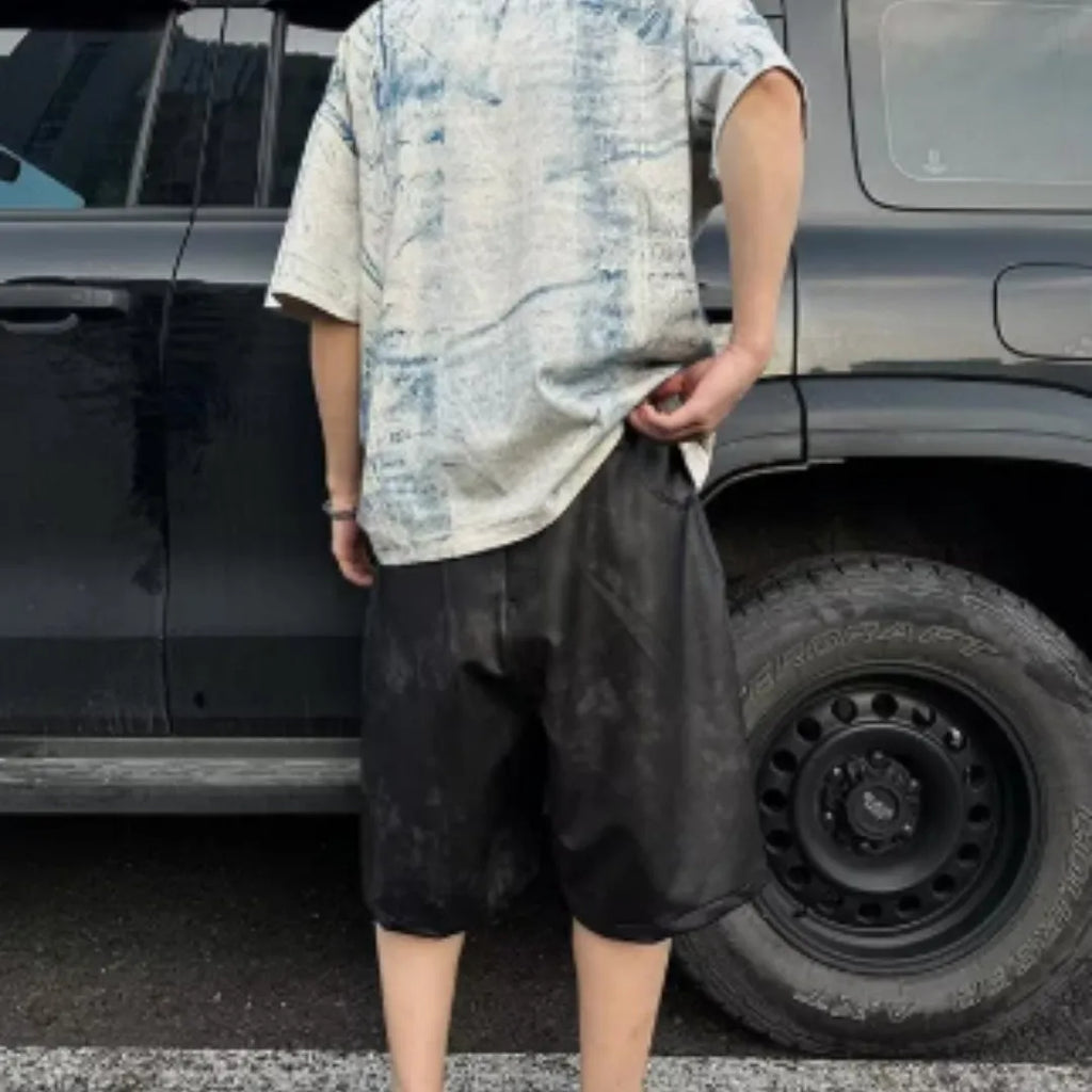 Korean style loose fit round neck T-shirt with short sleeves and a head cover detail.