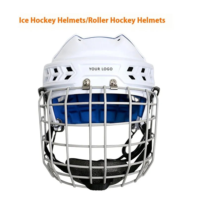 Ice hockey helmet with carbon steel face mask showing impact-resistant shell and cushioned lining