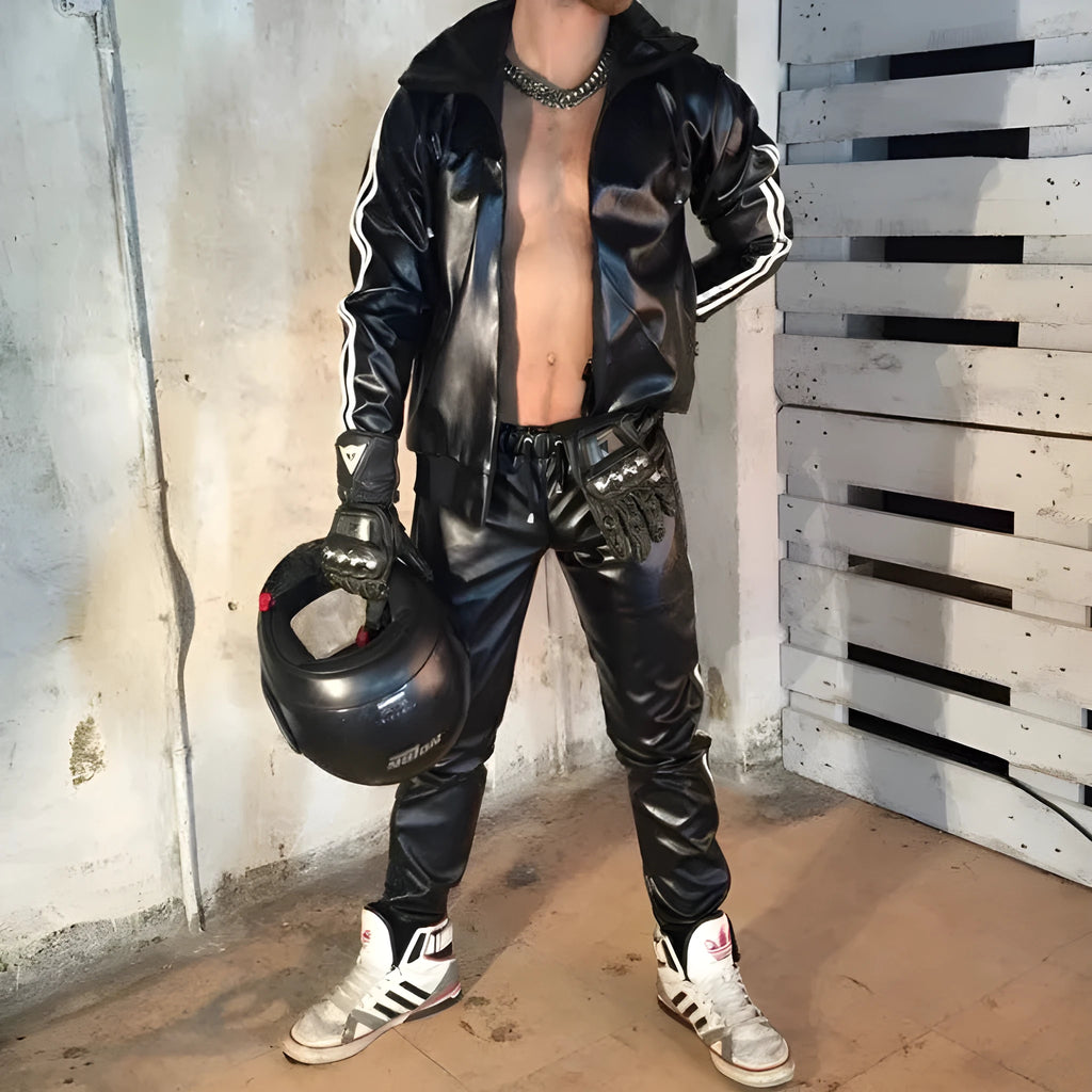 Hooded black PU leather sports set for men with long sleeve jacket and trousers on model