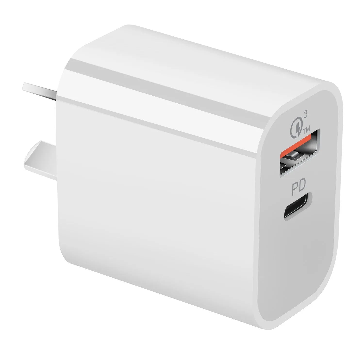 White dual port Australian standard charger with USB-A and USB-C ports, 63x40x22mm, SAA certified