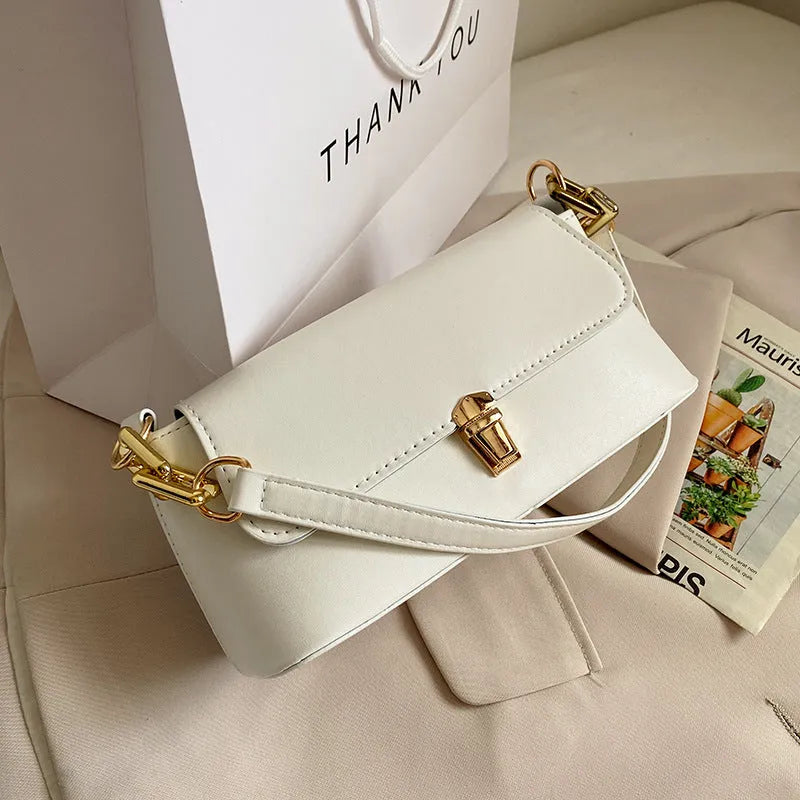 French casual western style PU underarm bag with shoulder chain, horizontal square shape, sandwich pocket, street-trend sewing thread detail