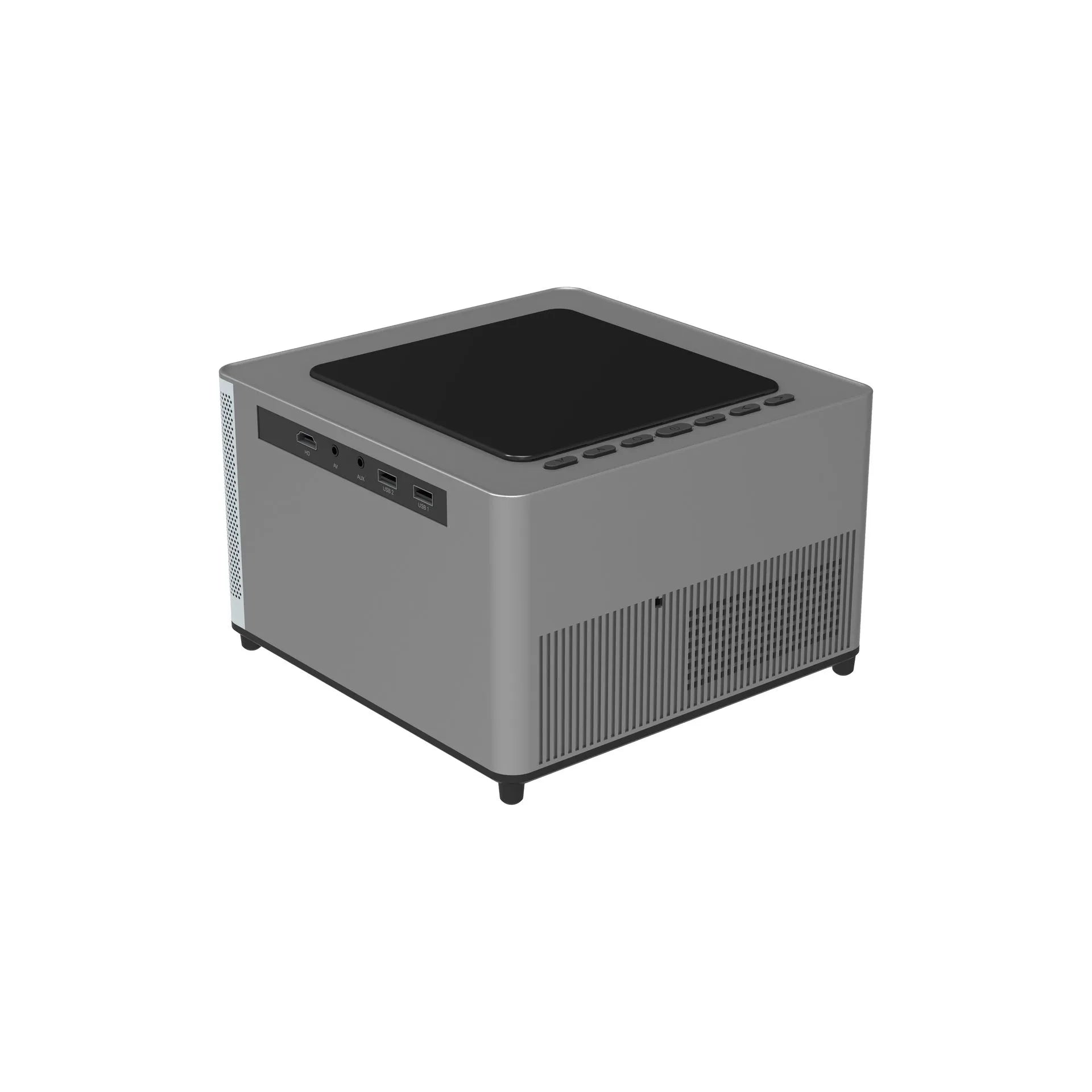 White mini portable projector with black lens and ventilation grilles on front panel