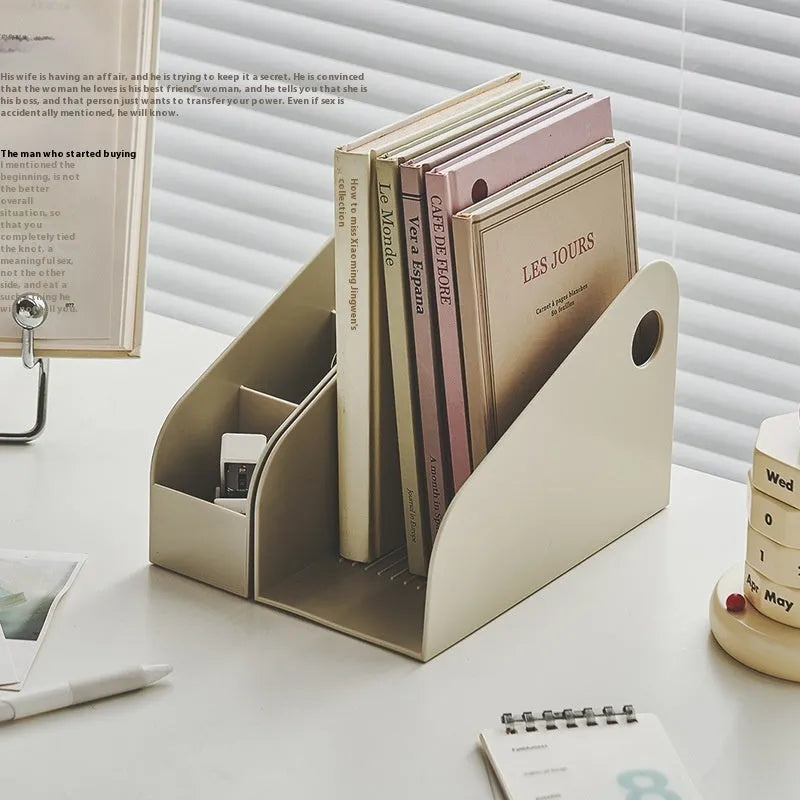 Desktop storage box and bookshelf combination with two grid layers in plastic