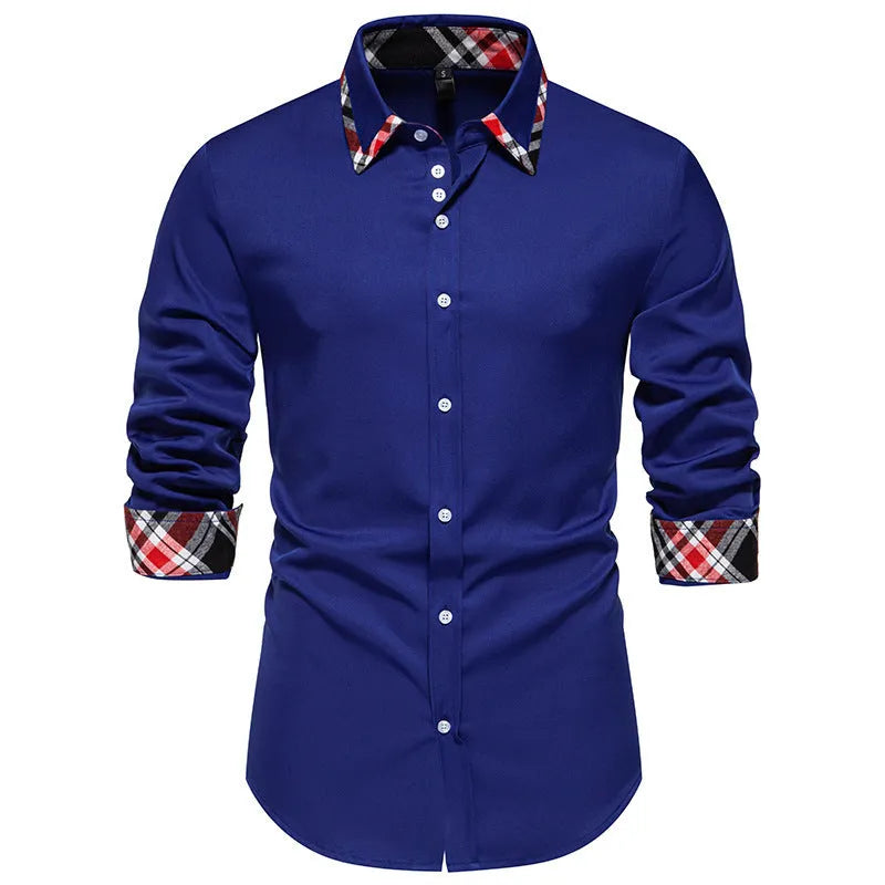 Men's blue plaid contrast triangle collar long sleeve casual shirt on a hanger.