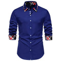 Men's blue plaid contrast triangle collar long sleeve casual shirt on a hanger.