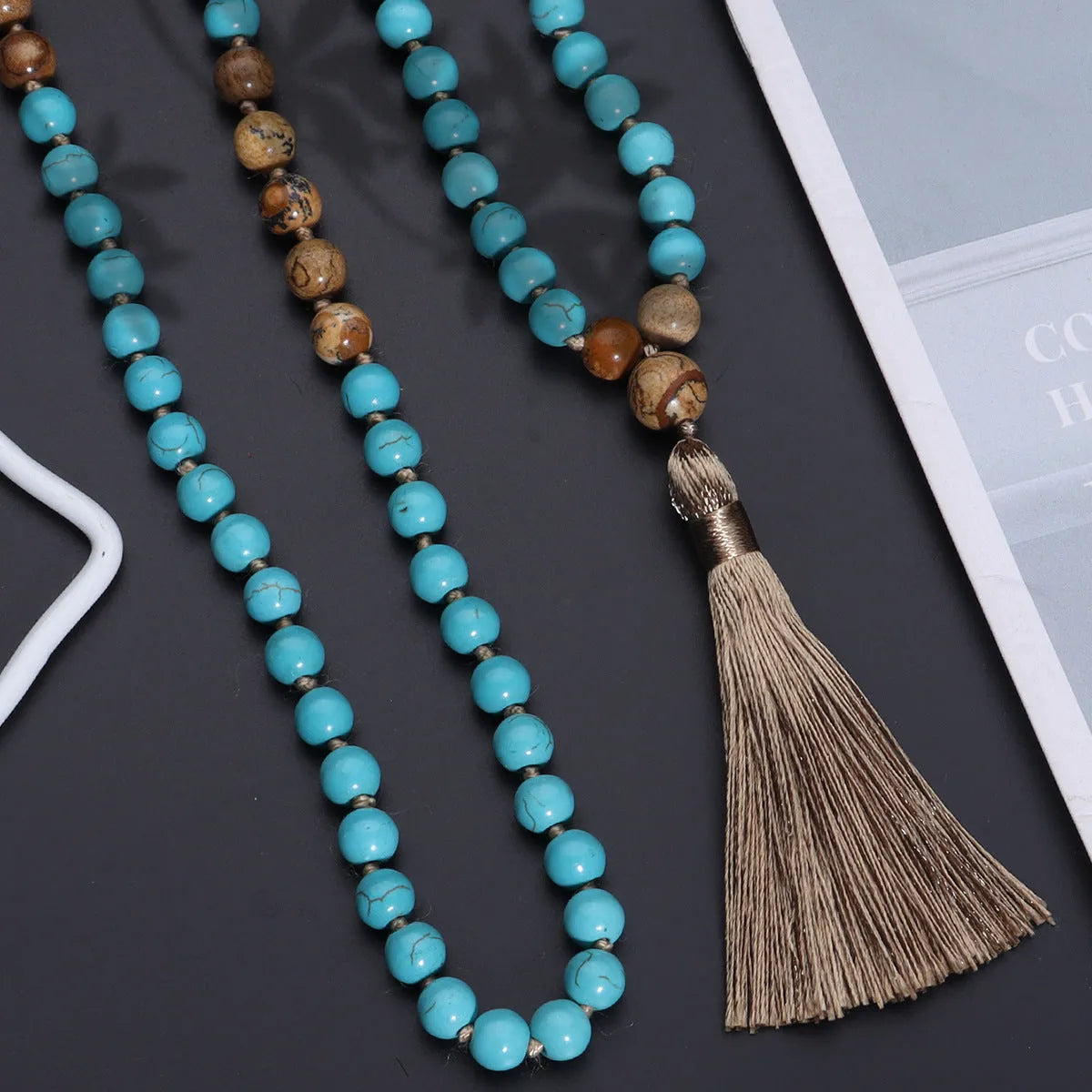 Handmade 108 mala necklace with vintage turquoise painted stone beads in blue pine colour, ball bead chain style, unisex