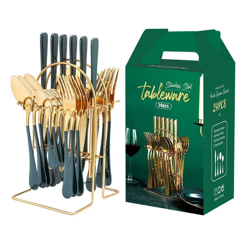 24-piece gold stainless steel dinnerware set with storage rack including knives forks spoons teaspoons