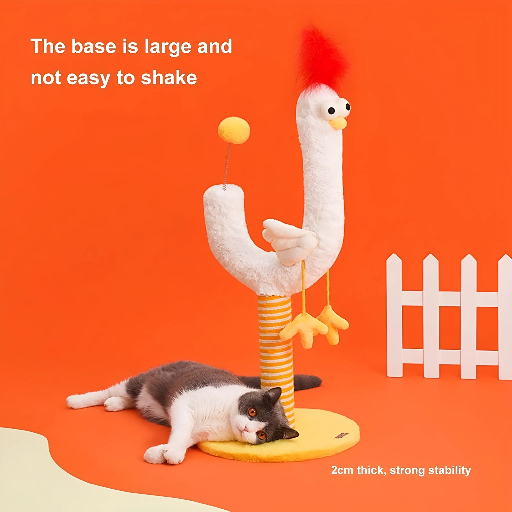 Sisal rope cat scratching post with chicken strip design and spring ball, 35cm wide and 88cm tall